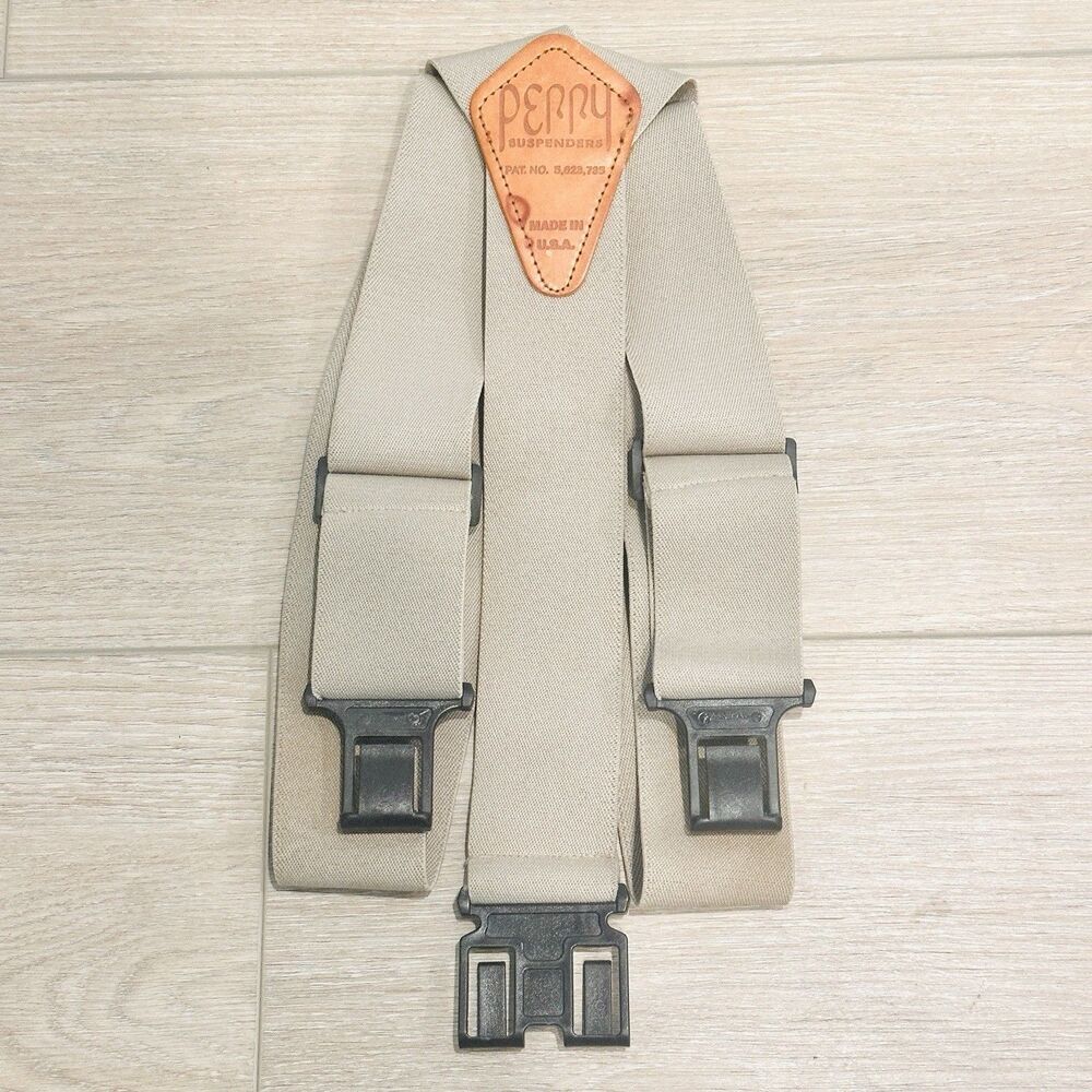 Original PERRY Suspenders Tan Khaki 1.5"  2” Wide Hook on Belt Clip USA Y Back